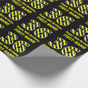 Zwart & geel Striped "36"; 36th Birthday + Name Cadeaupapier