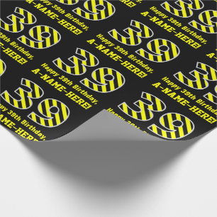 Zwart & geel Striped "39"; 39th Birthday + Naam Cadeaupapier