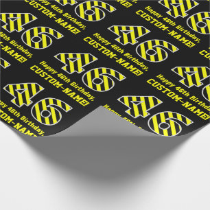 Zwart & geel Striped "46"; 46th Birthday + Name Cadeaupapier
