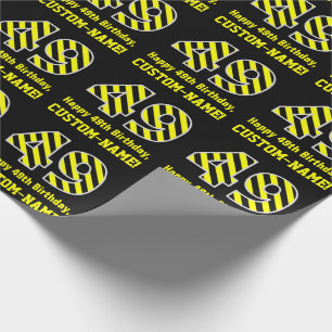 Zwart & geel Striped "49"; 49th Birthday + naam Cadeaupapier