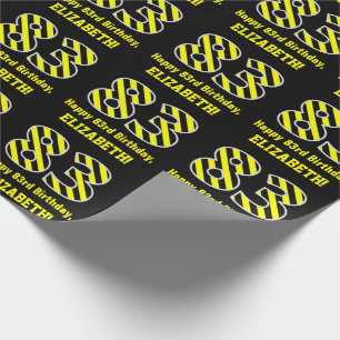 Zwart & geel Striped "83"; 83rd Birthday + naam Cadeaupapier