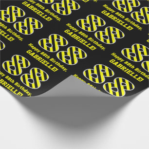 Zwart & geel Striped "88"; 88th Birthday + naam Cadeaupapier