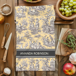  zwart geel Toile de Jouy bedrukt Theedoek