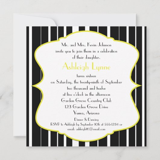 Zwart, geel, wit zoet 16 FAUX Bling uitgenodigd Kaart (Achterkant)
