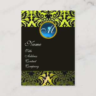 ZWART GELE DAMAST MONOGRAM ,Blauwe saffier Visitekaartje