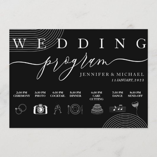 Zwart Geometrisch Icoon Tijdlijn Ceremonie Bruilof Programma (Voorkant)