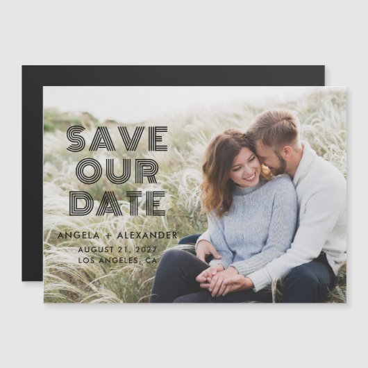 Zwart Geometrisch Retro Foto Bruiloft Save the Dat Magnetische Uitnodiging (Voorkant / Achterkant)