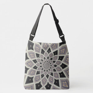 Zwart geometrisch spiraal fractaal mozaïek kunstpa crossbody tas