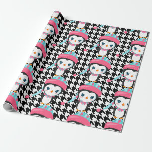 Zwart gepelde roze pinguïn-omslagpapier cadeaupapier