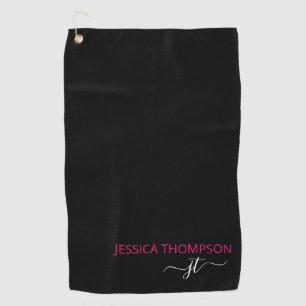 Zwart Gepersonaliseerd Hot Pink Modern Monogram Na Golfhanddoek