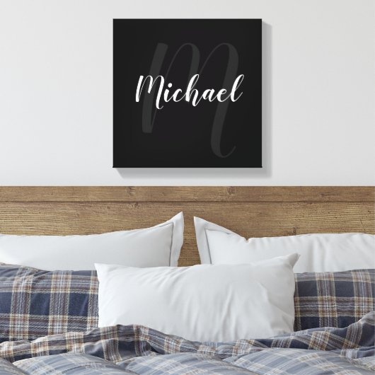 Zwart gepersonaliseerd monogram en naam canvas afdruk (Insitu (Slaapkamer))
