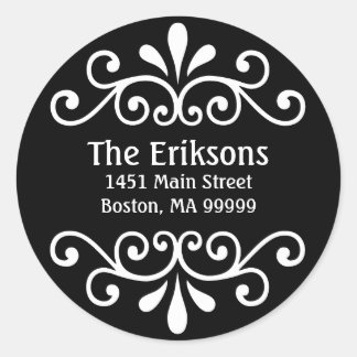 Zwart gepersonaliseerde adresrol ronde sticker