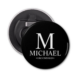 Zwart Gepersonaliseerde Groomsman Naam en Monogram Button Flesopener