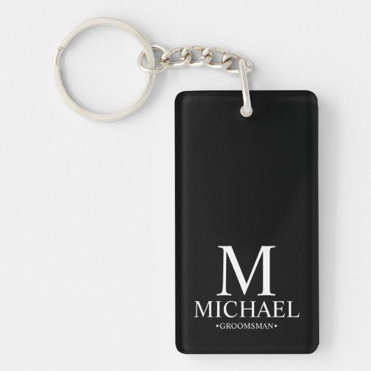 Zwart Gepersonaliseerde Groomsman Naam en Monogram Sleutelhanger (Voorkant)