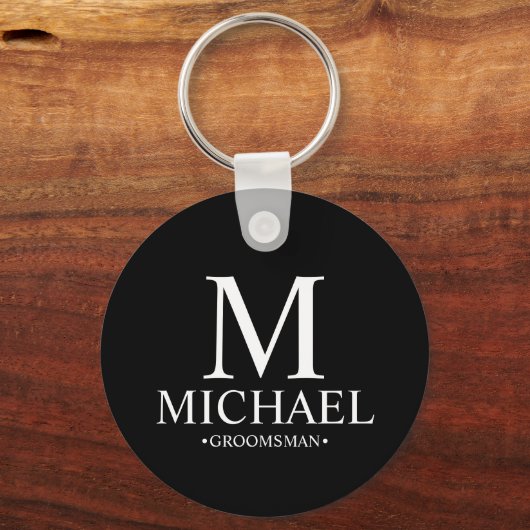 Zwart Gepersonaliseerde Groomsman Naam en Monogram Sleutelhanger (Voorkant)