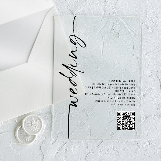 Zwart geroteerde kalligrafie QR Code Wedding Acryl Uitnodigingen