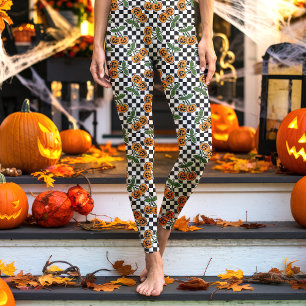 Zwart geruit kersenpompoenpatroon leggings