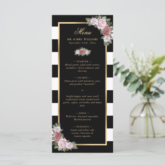 Zwart Gestreept Goud Blush Roze Bloemen Bruiloft M Menu (Staand voorkant)