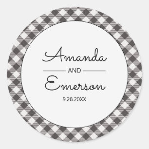 Zwart Gingham Check Casual Custom Wedding Favor Ronde Sticker