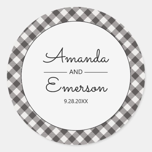 Zwart Gingham Check Casual Custom Wedding Favor Ronde Sticker (Voorkant)
