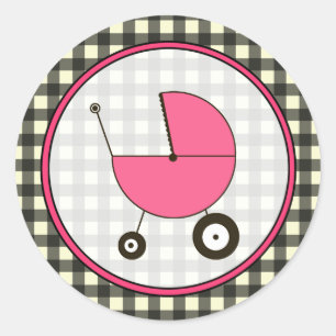 Zwart Gingham en Roze Baby koets Sticker