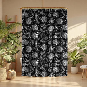 Zwart & glanzend zilveren tinten bloemendamast douchegordijn