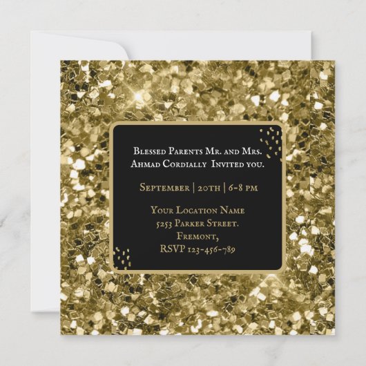 Zwart Glitter Aqeeqah- Aqiqah- Moslim Uitnodiging (Achterkant)