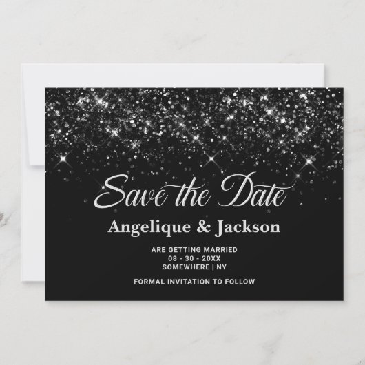 Zwart Glitter Bruiloft Save the Date (Voorkant)