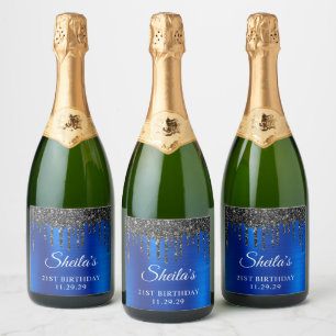 Zwart Glitter Drips Royal Blue Glam 21e verjaardag Sparkling Wijnetiket