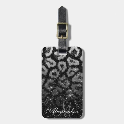 Zwart Glitter en Leopard Print Bagagelabel (Voorkant verticaal)