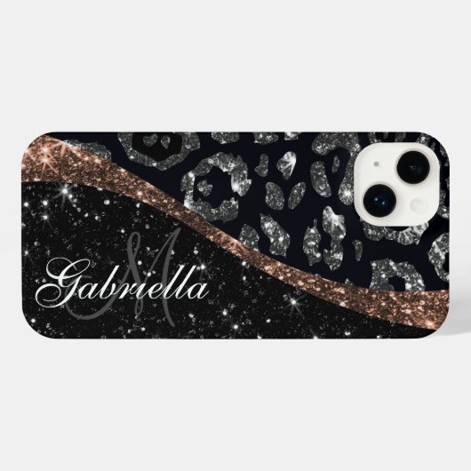 Zwart Glitter en Leopard Print iPhone Hoesje (Achterkant horizontaal)