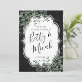 Zwart Glitter & Eucalyptus Bruiloft Kaart (Staand voorkant)