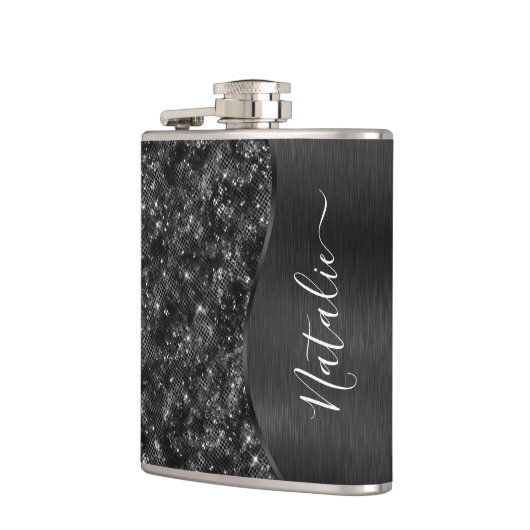 Zwart glitter Glam Bling Personalizeerd metaal Heupfles (Links)