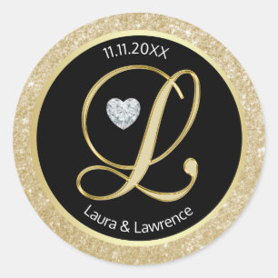 Zwart Glitter Goud Monogram Bruiloft Envelop Afdic Ronde Sticker