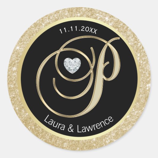 Zwart Glitter Goud Monogram Bruiloft Envelop Afdic Ronde Sticker (Voorkant)