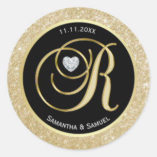 Zwart Glitter Goud Monogram Letter R Bruiloft Seal Ronde Sticker