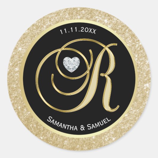 Zwart Glitter Goud Monogram Letter R Bruiloft Seal Ronde Sticker (Voorkant)
