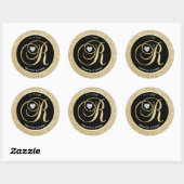 Zwart Glitter Goud Monogram Letter R Bruiloft Seal Ronde Sticker (Vel)