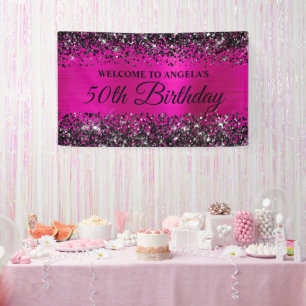 Zwart Glitter Hot Pink Folie 50th Verjaardag Welko Spandoek
