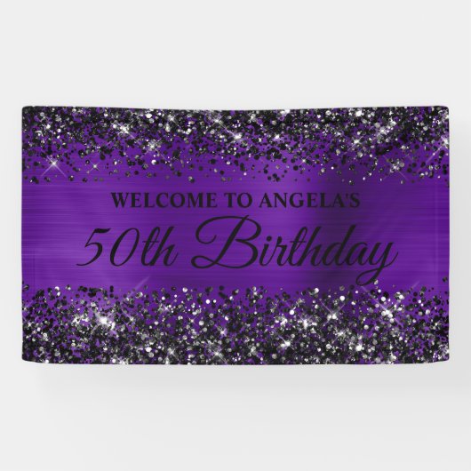 Zwart Glitter Indigo Paarse 50ste Verjaardag Welko Spandoek (Horizontaal)