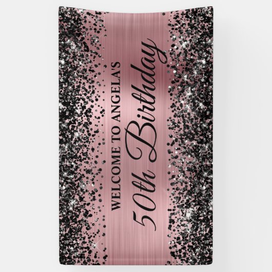 Zwart Glitter Licht Roze 50ste Verjaardag Welkom Spandoek (Verticaal)