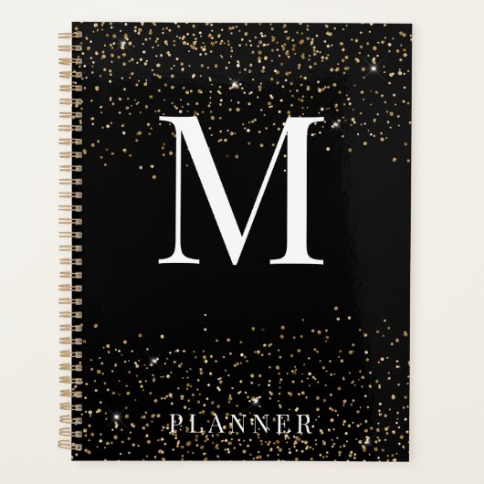 Zwart Glitter Modern Glam Monogram Planner (Voorkant)