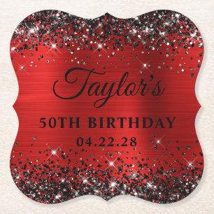 Zwart Glitter Rode Folie 50ste Verjaardag Kartonnen Onderzetters