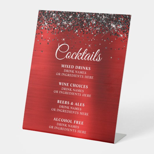 Zwart Glitter Rood Folie Cocktails Bar Menu Reclamebord Met Voetstuk (Voorkant)