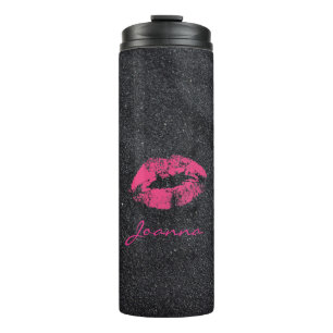 Zwart Glitter Roze Lippen Thermosbeker