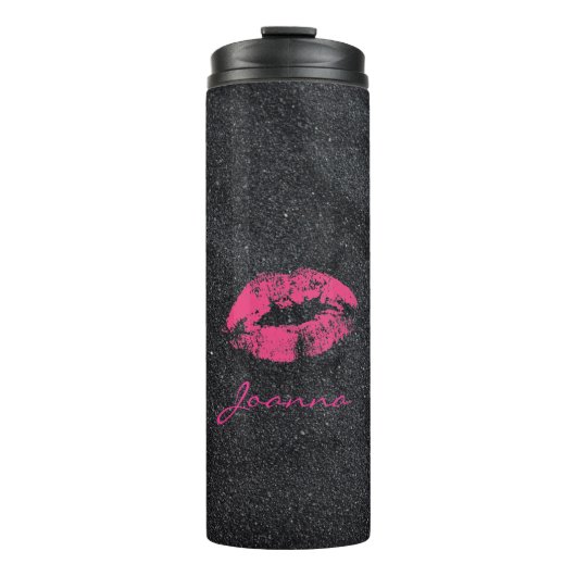 Zwart Glitter Roze Lippen Thermosbeker (Voorkant)