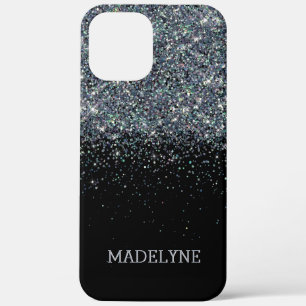 Zwart Glitter Sparkle Girly Gepersonaliseerde Naam iPhone 12 Pro Max Hoesje