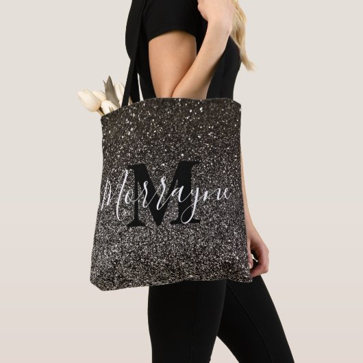 Zwart Glitter Sparkle Glam Chique Monogram Naam Draagtas (Dichtbij)