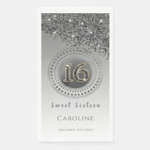 Zwart Glitter & Zilver Sweet 16 Monogrammed Servet