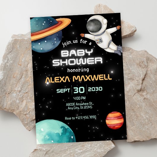 Zwart gloeit ruimteplaneet astronaut baby shower kaart